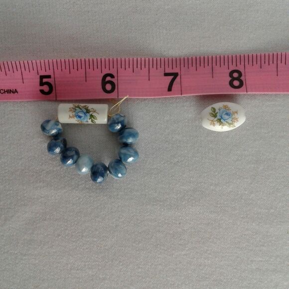 Vintage Japanese Milk Glass  Porcelin Oval And Tube Beads W/ blue rose & round - Picture 3 of 5